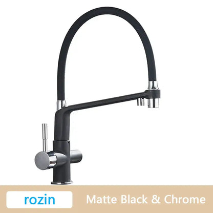 Modern brushed gold swivel kitchen faucet with black rubber hose