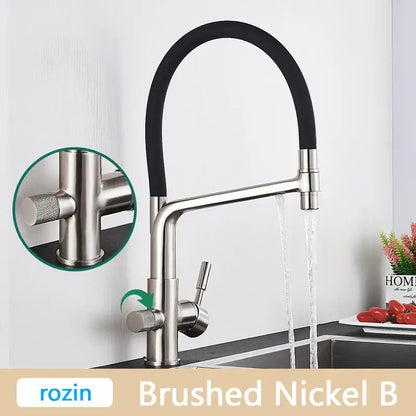 Modern brushed gold swivel kitchen faucet with black rubber hose