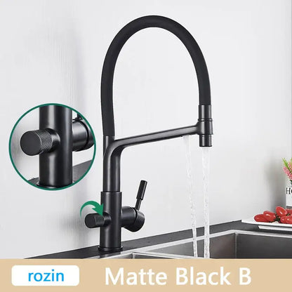 Modern brushed gold swivel kitchen faucet with black rubber hose