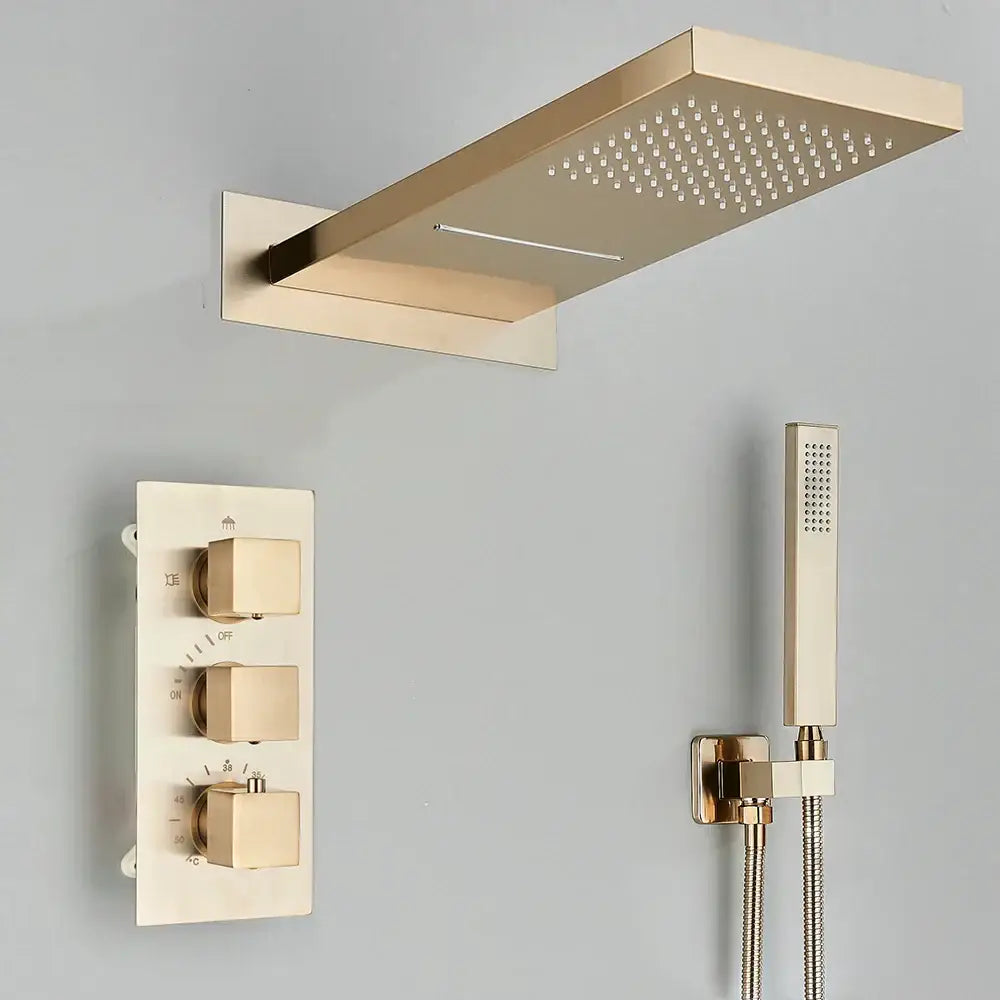 Modern brushed gold thermostatic shower faucet set bathroom rain head