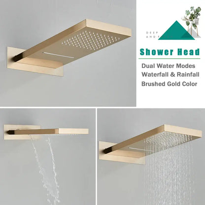Modern brushed gold thermostatic shower faucet set bathroom rain head