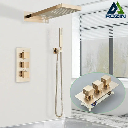 Modern brushed gold thermostatic shower faucet set bathroom rain head