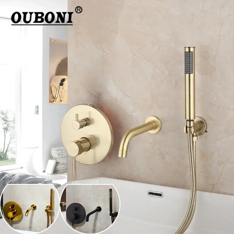 Modern brushed gold tub faucet with handheld shower bathroom mixer