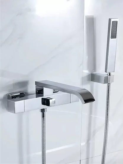 Modern brushed gold wall mounted waterfall bathtub set with handheld