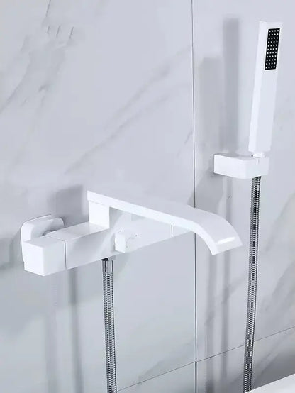 Modern brushed gold wall mounted waterfall bathtub set with handheld