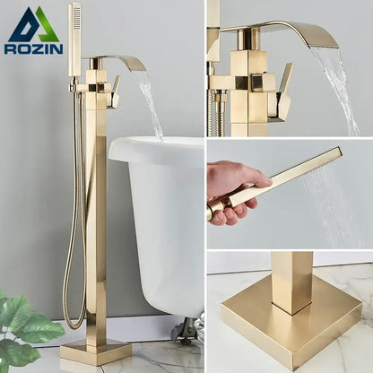 Modern brushed gold waterfall tub faucet with handheld shower bathroom