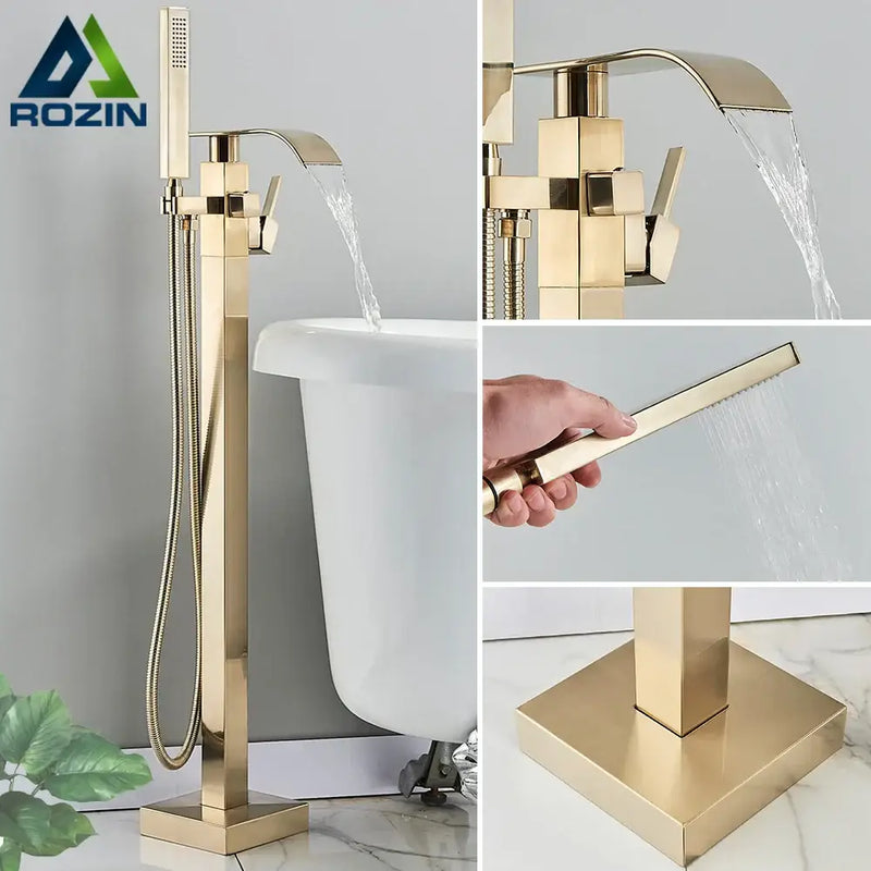 Modern brushed gold waterfall tub faucet with handheld shower bathroom
