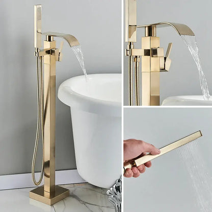 Modern brushed gold waterfall tub faucet with handheld shower bathroom