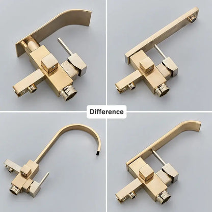 Modern brushed gold waterfall tub faucet with handheld shower bathroom