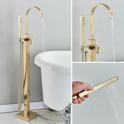 Modern brushed gold waterfall tub faucet with handheld shower bathroom