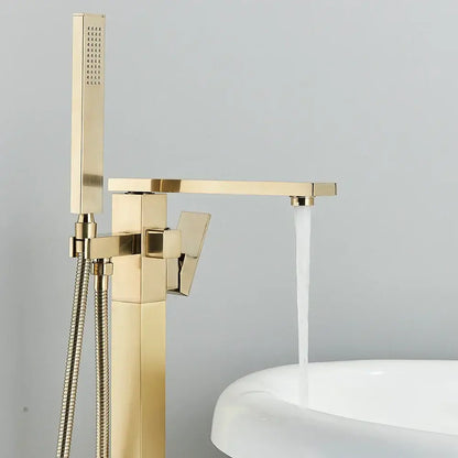 Modern brushed gold waterfall tub faucet with handheld shower bathroom