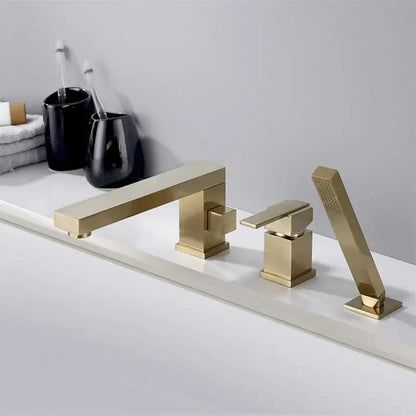 Modern brushed gold widespread shower faucet with handheld bathroom set