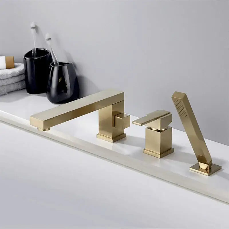 Modern brushed gold widespread shower faucet with handheld bathroom set