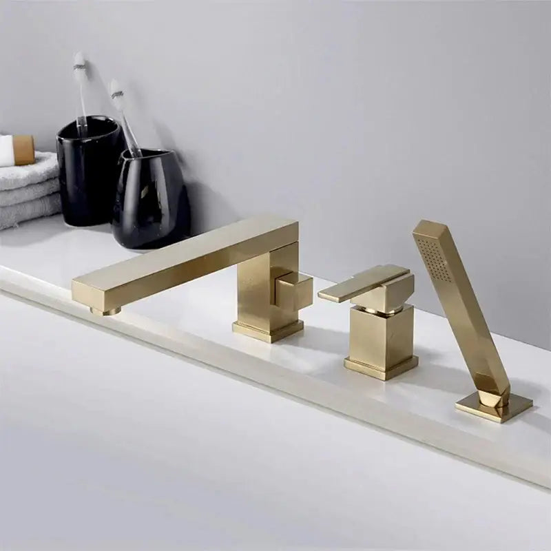 Modern brushed gold widespread shower faucet with handheld bathroom set