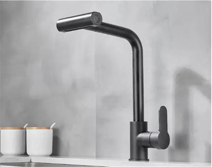 Modern brushed gray waterfall kitchen faucet with pull out spray