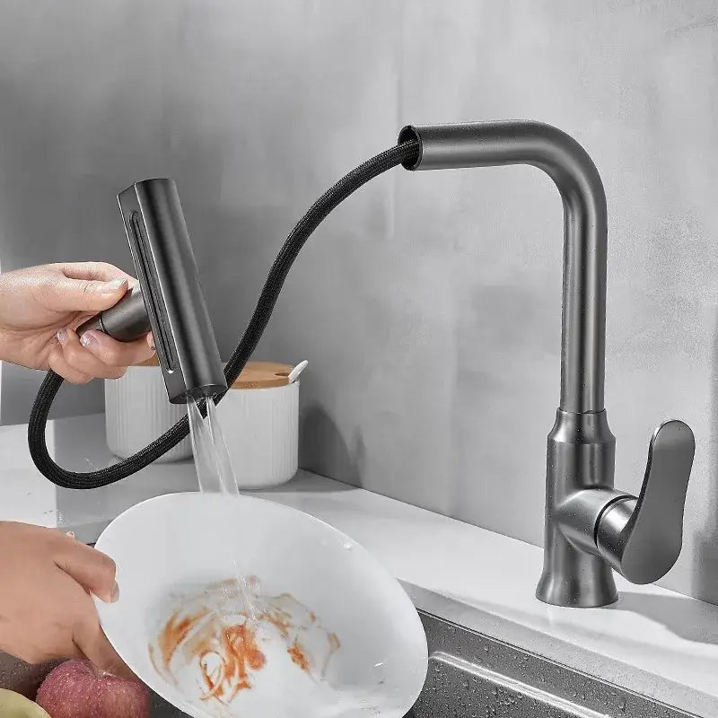 Modern brushed gray waterfall kitchen faucet with pull out spray