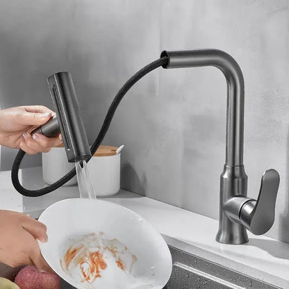 Modern brushed gray waterfall kitchen faucet with pull out spray