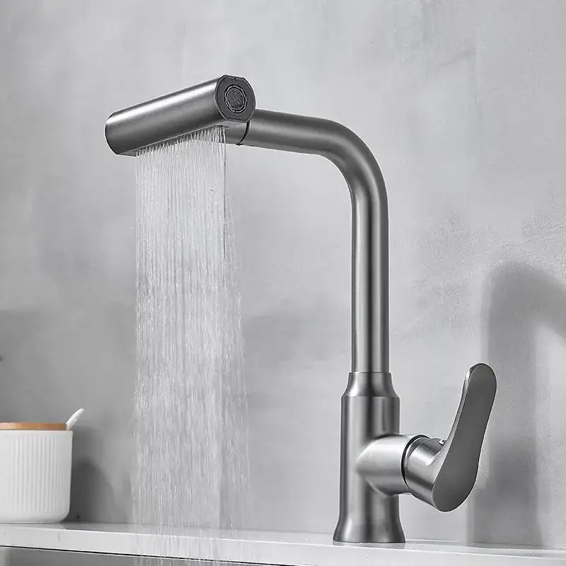 Modern brushed gray waterfall kitchen faucet with pull out spray