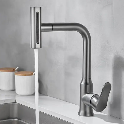 Modern brushed gray waterfall kitchen faucet with pull out spray