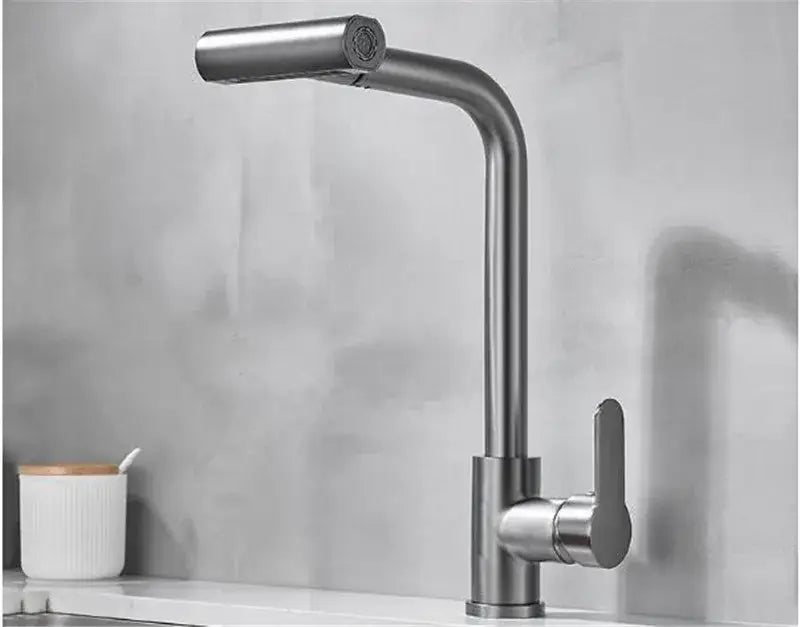 Modern brushed gray waterfall kitchen faucet with pull out spray