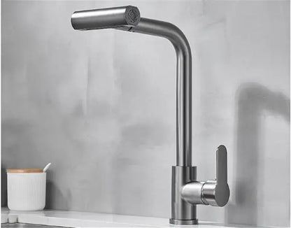 Modern brushed gray waterfall kitchen faucet with pull out spray
