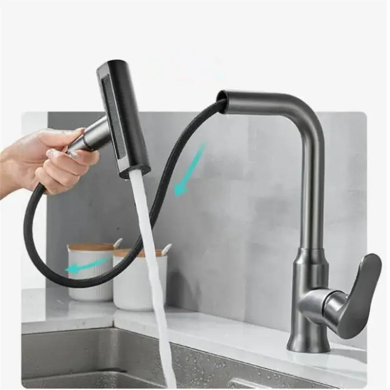 Modern brushed gray waterfall kitchen faucet with pull out spray