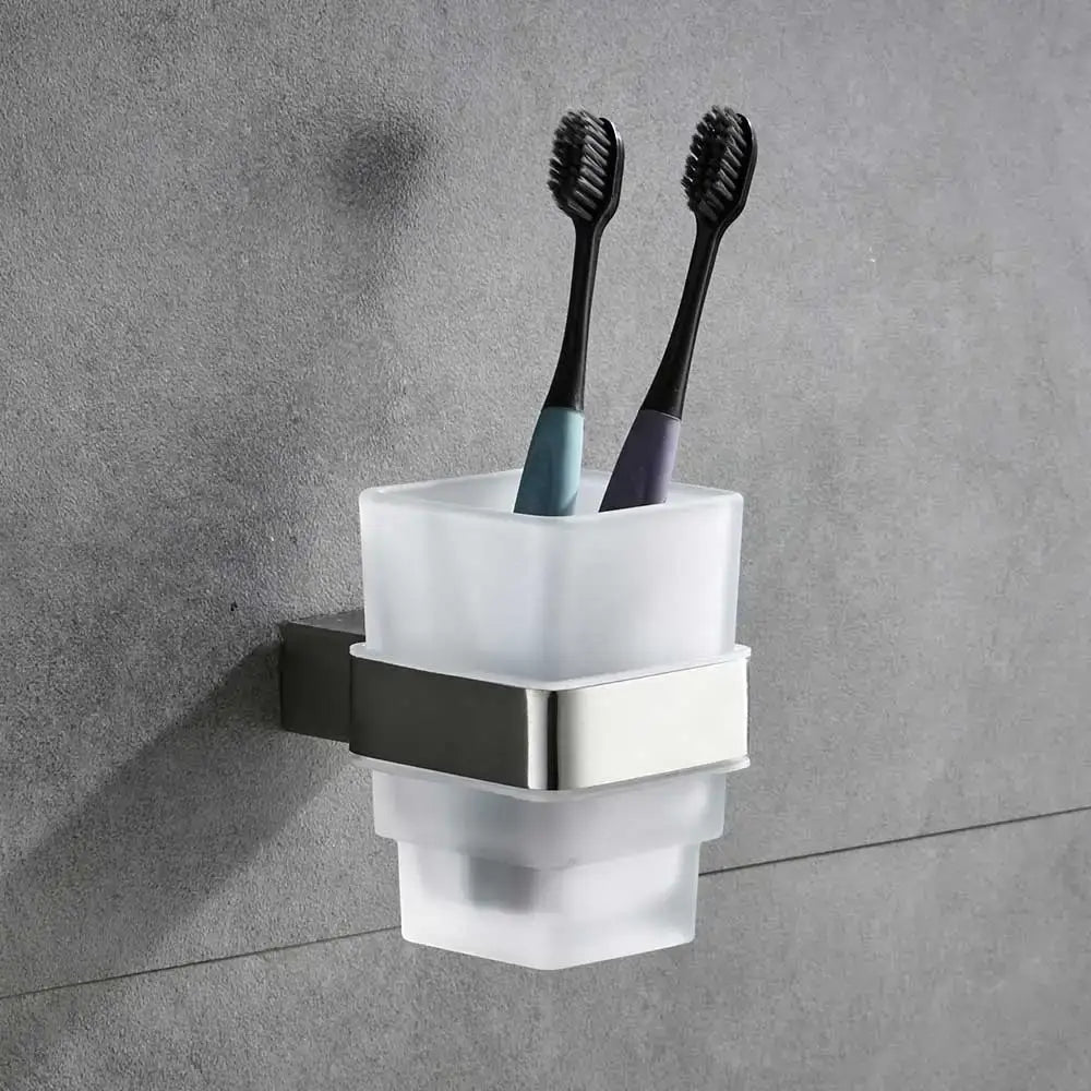 Modern brushed nickel bathroom hardware set with glass accents