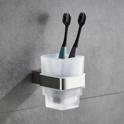 Modern brushed nickel bathroom hardware set with glass accents