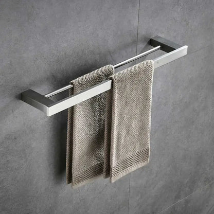 Modern brushed nickel bathroom hardware set with glass accents