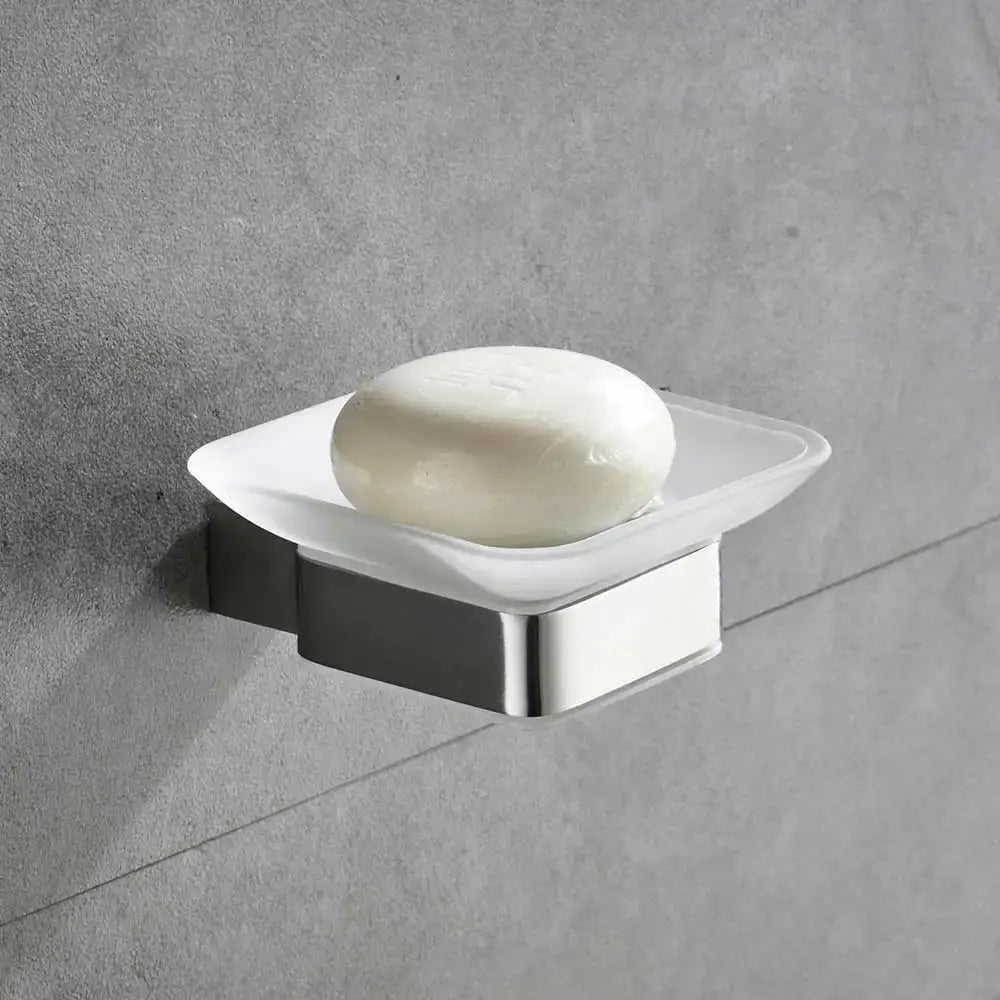 Modern brushed nickel bathroom hardware set with glass accents
