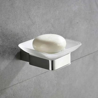 Modern brushed nickel bathroom hardware set with glass accents