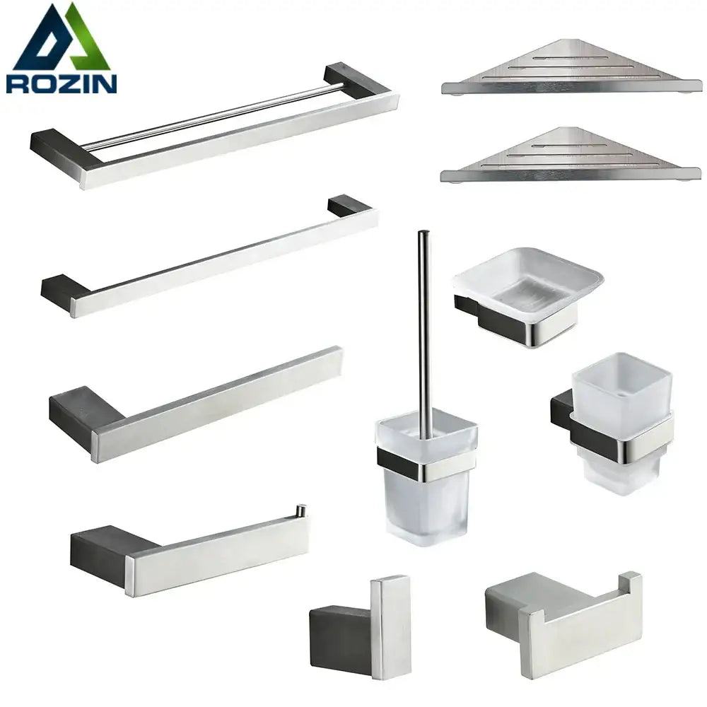 Modern brushed nickel bathroom hardware set with glass accents
