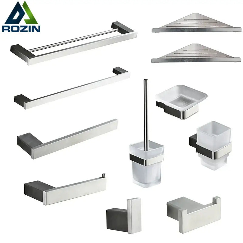 Modern brushed nickel bathroom hardware set with glass accents