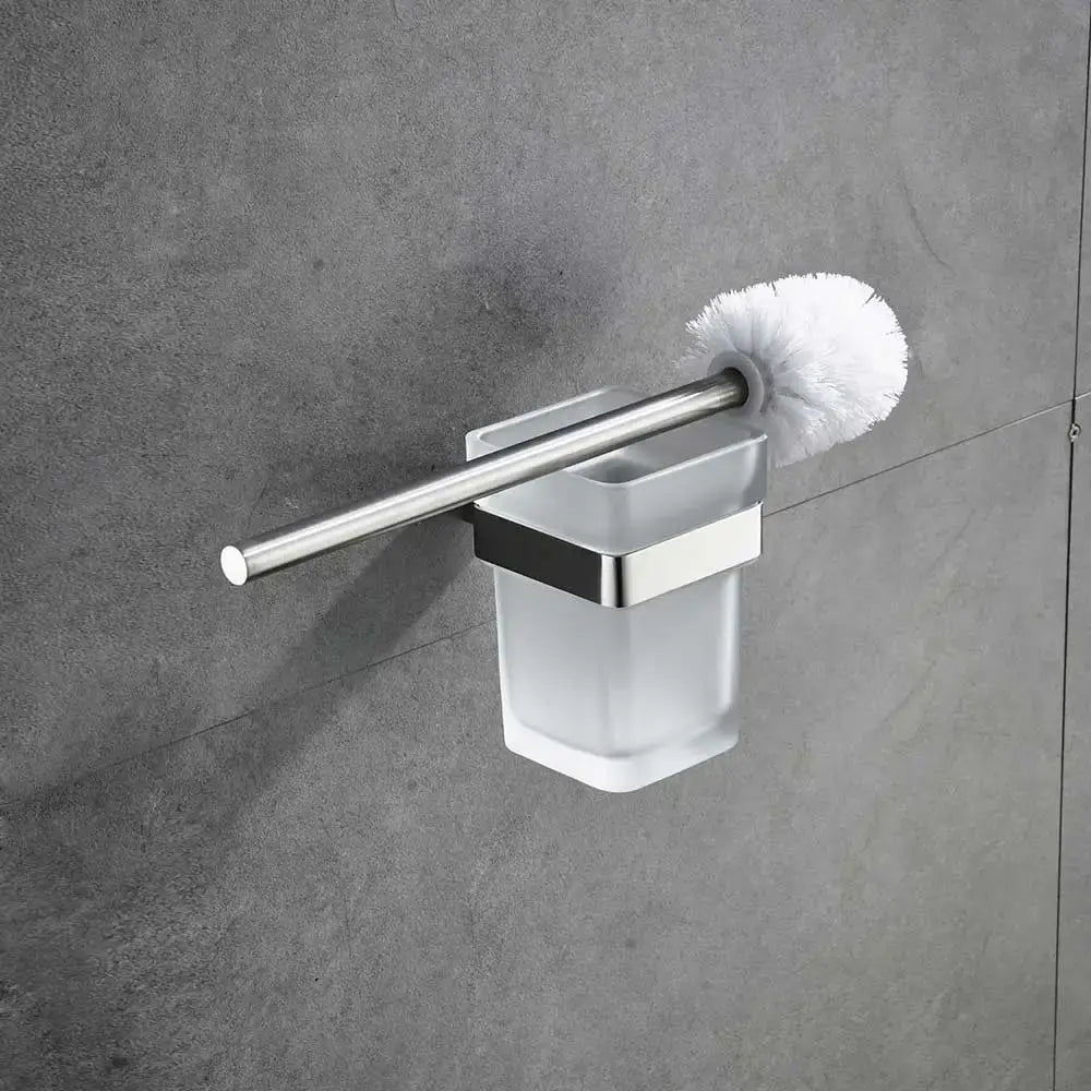 Modern brushed nickel bathroom hardware set with glass accents