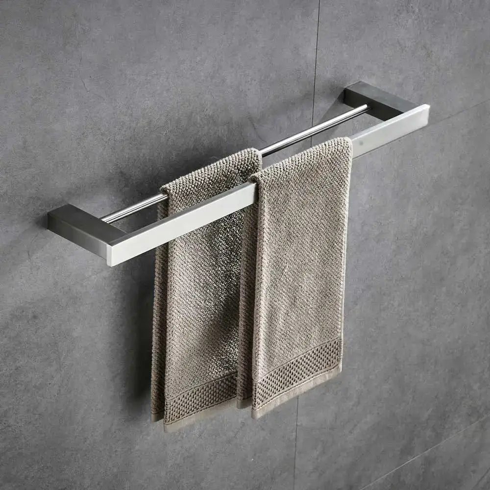 Modern brushed nickel bathroom hardware set with glass accents