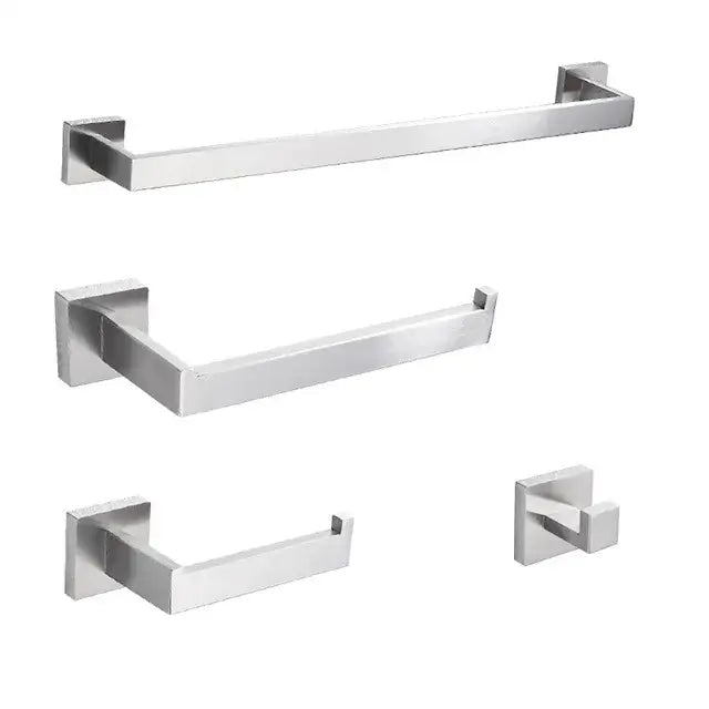 Modern brushed nickel bathroom hardware set with glass accents