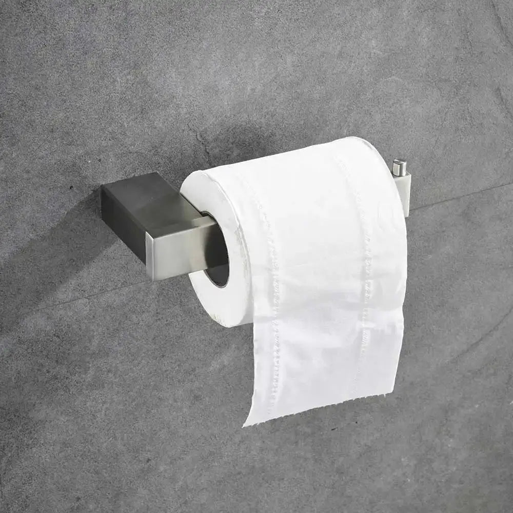 Modern brushed nickel bathroom hardware set with glass accents