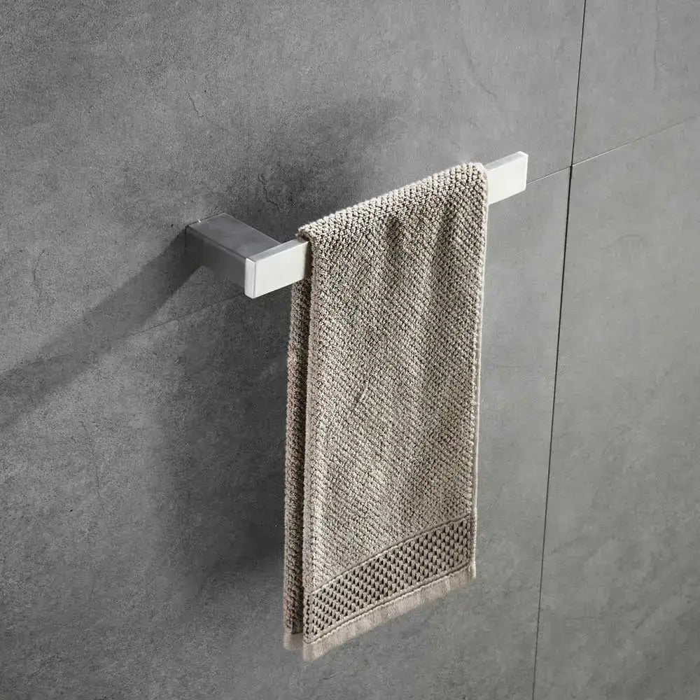 Modern brushed nickel bathroom hardware set with glass accents