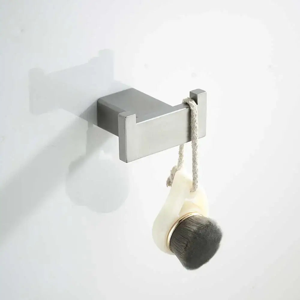 Modern brushed nickel bathroom hardware set with glass accents