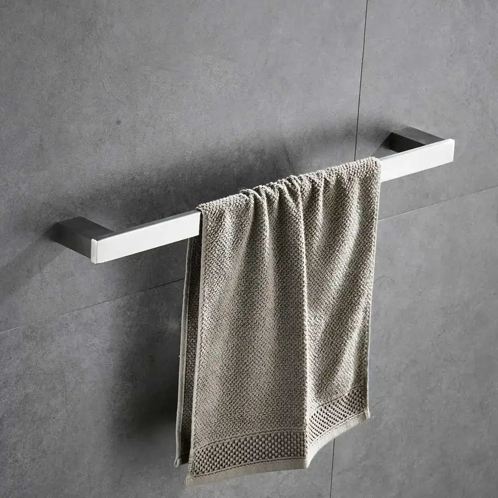 Modern brushed nickel bathroom hardware set with glass accents