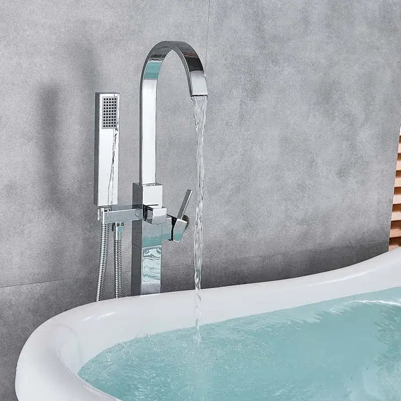 Modern brushed nickel freestanding tub faucet with handshower bathroom