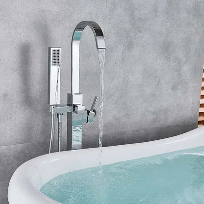 Modern brushed nickel freestanding tub faucet with handshower bathroom