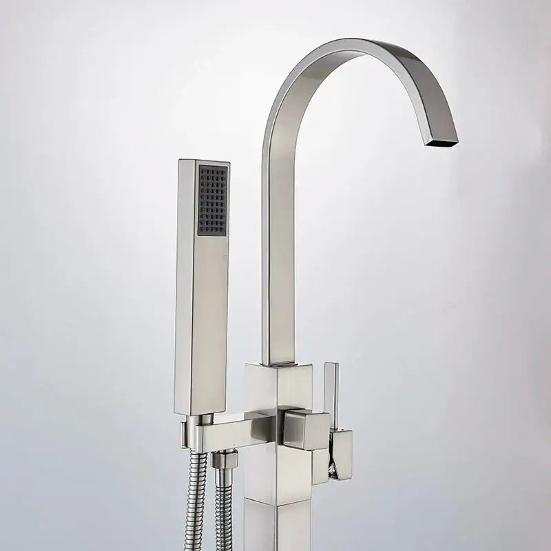 Modern brushed nickel freestanding tub faucet with handshower bathroom