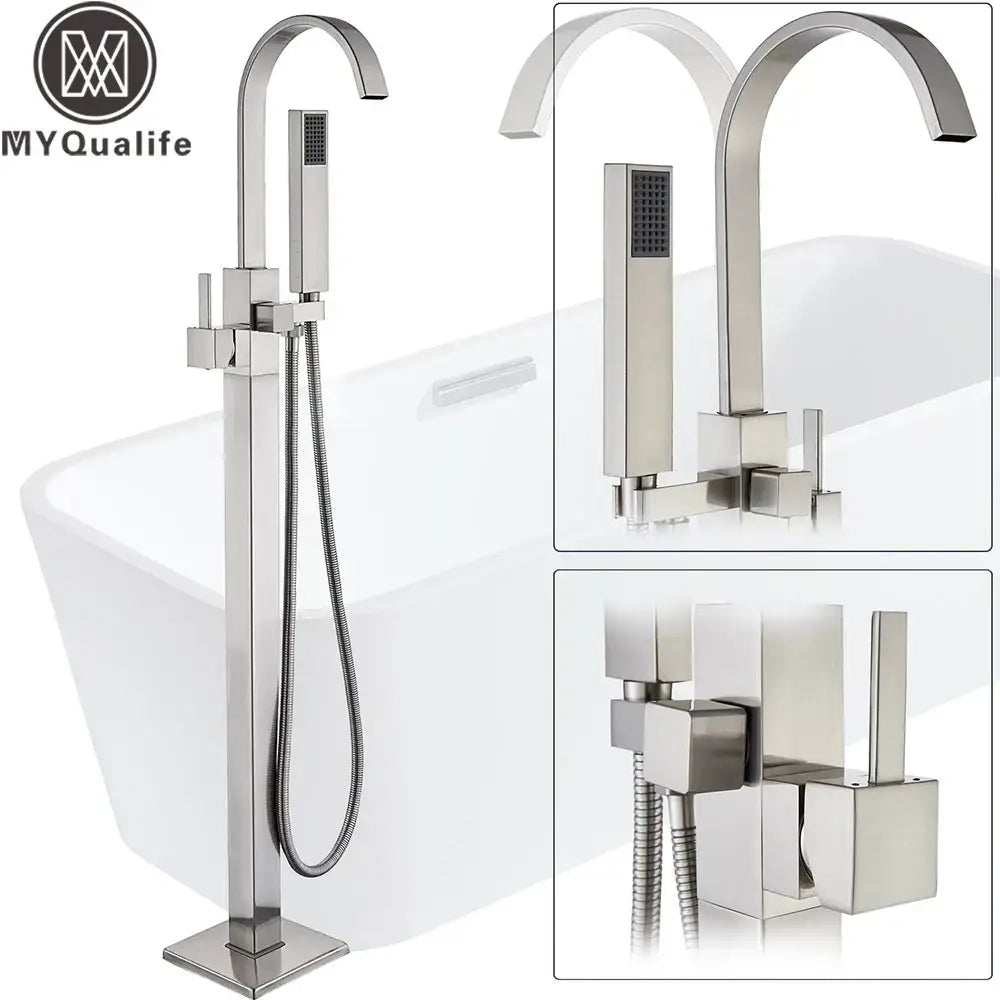Modern brushed nickel freestanding tub faucet with handshower bathroom