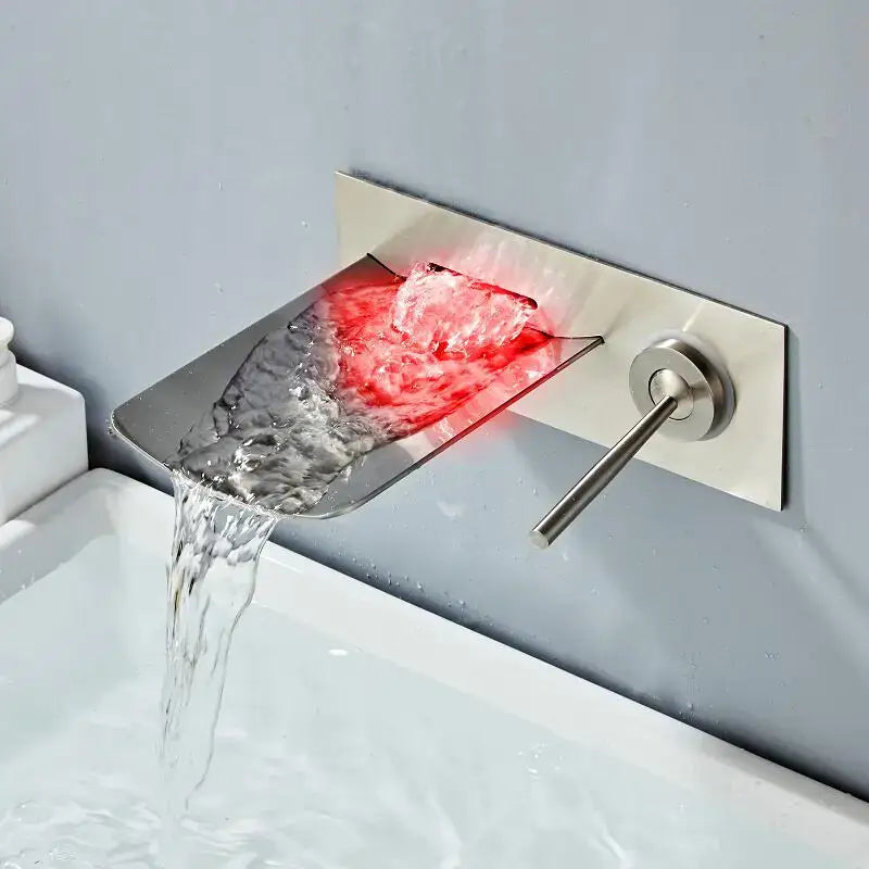 Modern brushed nickel led waterfall wall mount faucet bathroom temperature control