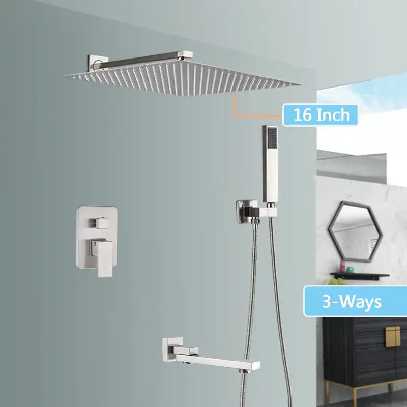 Modern brushed nickel rainfall shower faucet set bathroom with tub spout