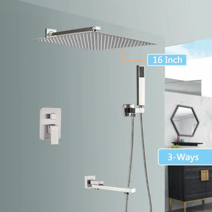 Modern brushed nickel rainfall shower faucet set bathroom with tub spout