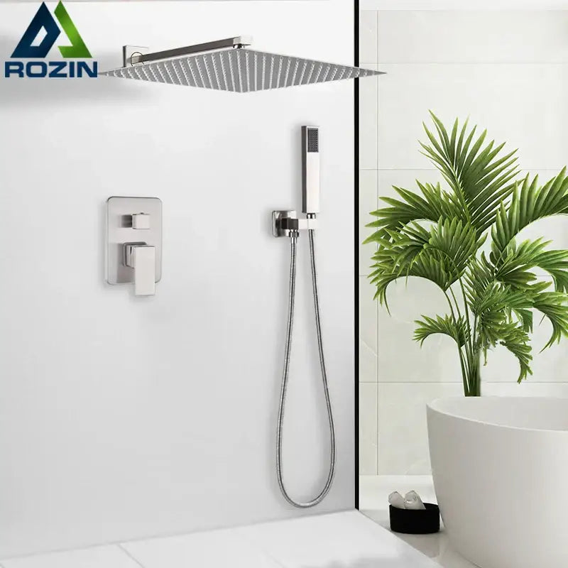 Modern brushed nickel rainfall shower faucet set bathroom with tub spout