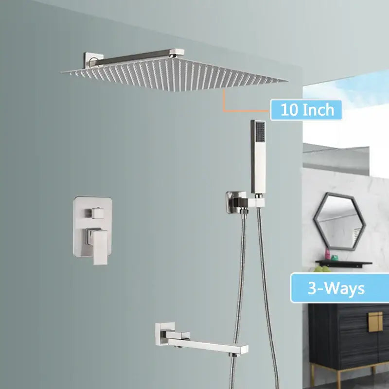 Modern brushed nickel rainfall shower faucet set bathroom with tub spout