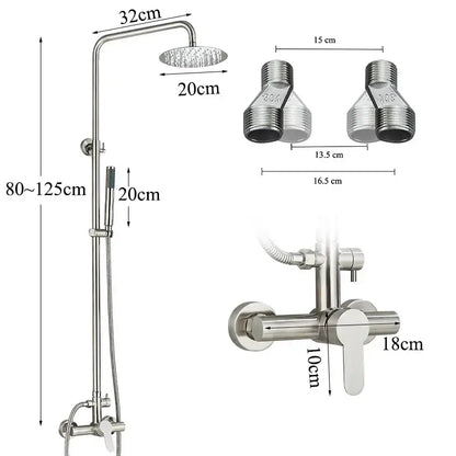 Modern brushed nickel rainfall shower system with handheld bathroom spray